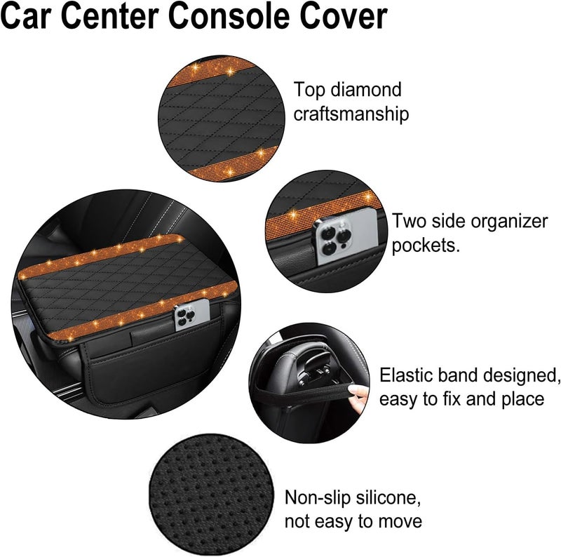 NBTEPEM Bling Car Center Console Cover, Leather Car Arm Rest Cover Cushion with 2 Storage Bags, Universal Auto Armrest Protector Storage Box, Bling Accessories Interior for Most Vehicles (Orange Diamond) - Image 3